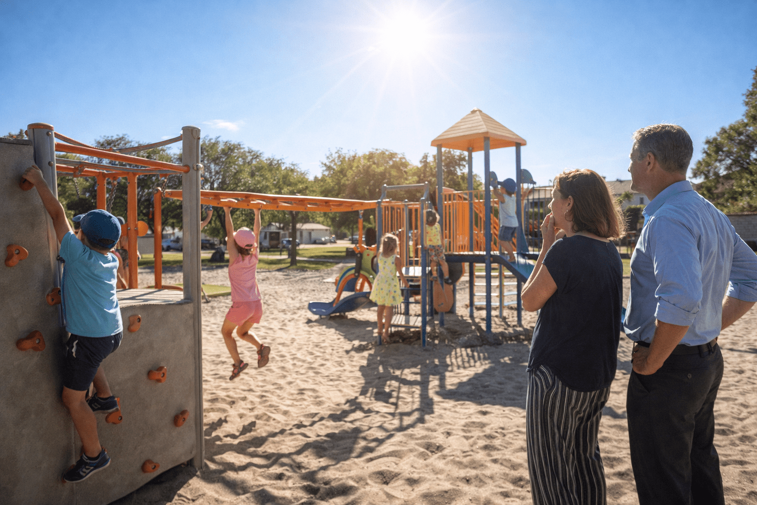 ילדים משחקים במגרש משחקים ללא הצללה